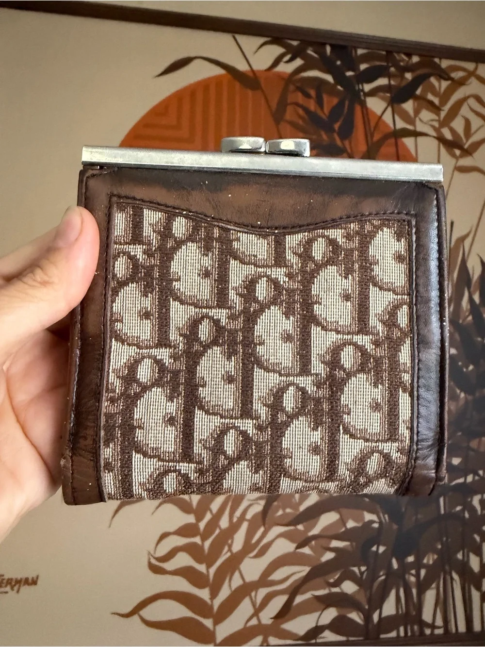 Vintage Christian Dior Trotter Oblique Canvas & Leather Kiss-Lock Compact Wallet